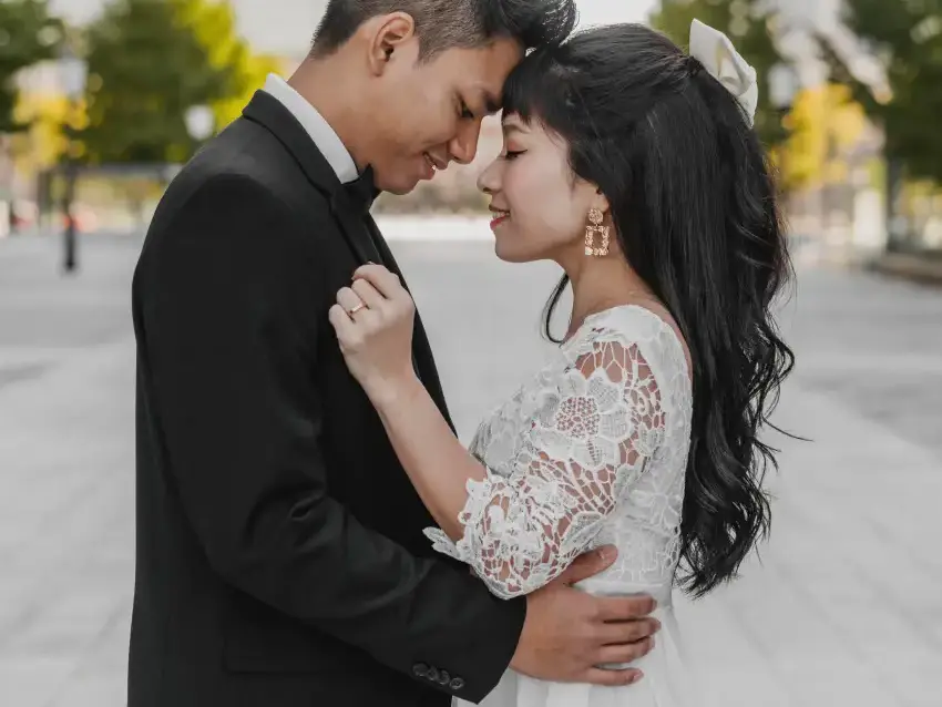 Bride and groom during an intimate wedding portrait